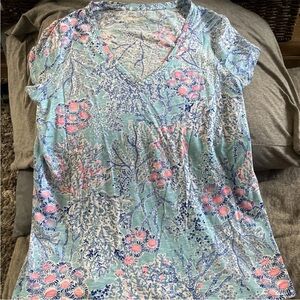 Lilly Pulitzer Etta V Neck T Shirt Colorful Blue Ibiza Now You Sea Me Medium M